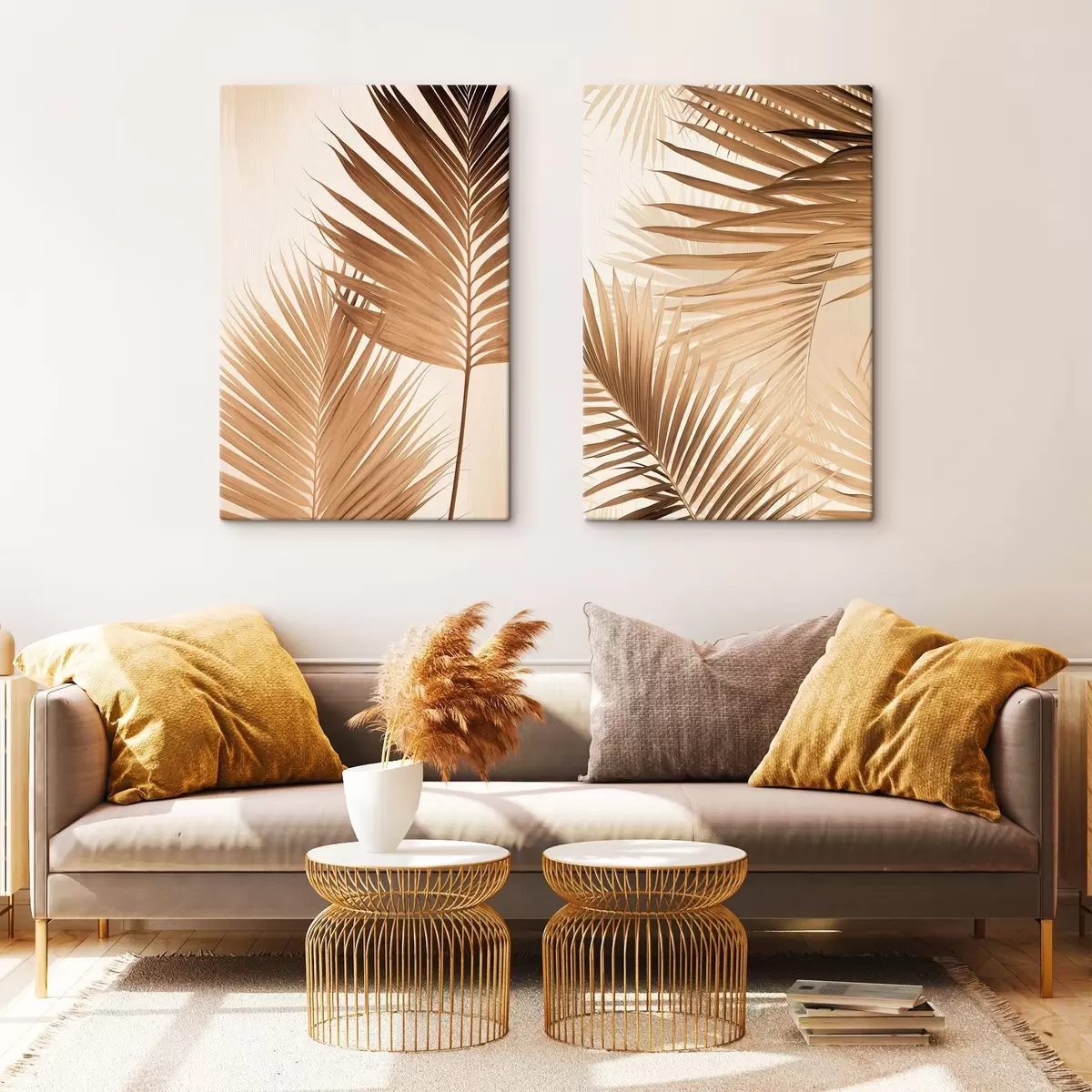 Glezna Palmu lapas brūnos toņos, neitrāls fons, minimālisma stils, dabiskais apgaismojums, tropu noskaņa m00880