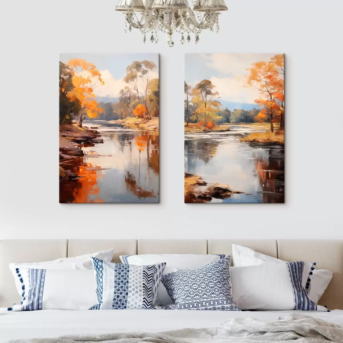 Glezna Rudens ainava, upe ar kokiem krastā, mežs fonā, atspoguļojumi uz ūdens m00883