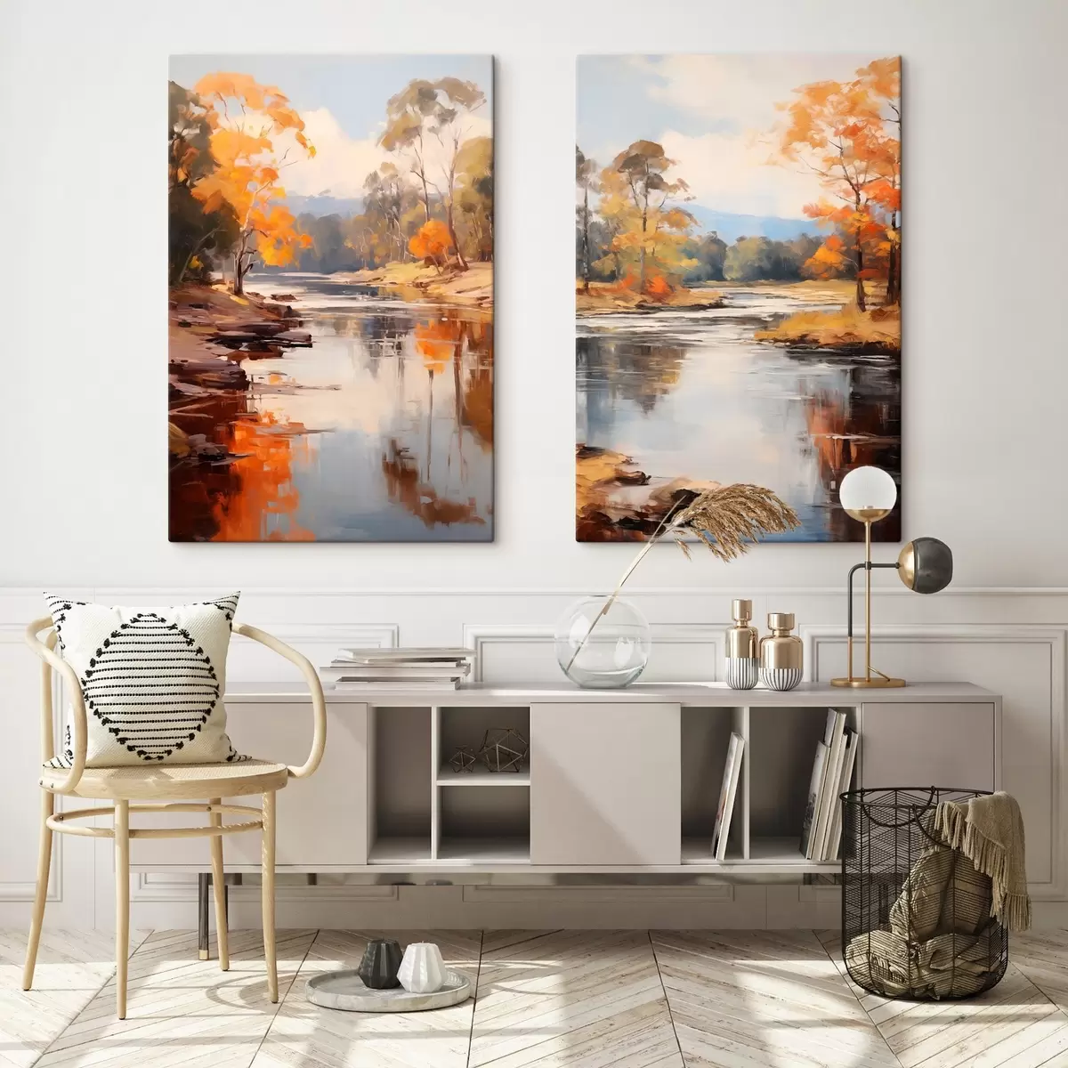 Glezna Rudens ainava, upe ar kokiem krastā, mežs fonā, atspoguļojumi uz ūdens m00883