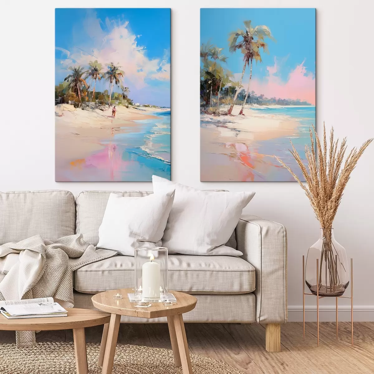 Glezna Abstrakts ainava, pludmale ar palmu kokiem, gaiša saulaina diena ar zilu debesi un dažiem mākoņiem m00885