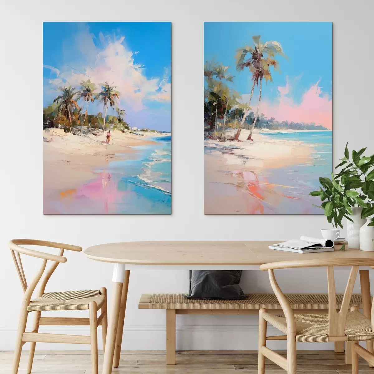 Glezna Abstrakts ainava, pludmale ar palmu kokiem, gaiša saulaina diena ar zilu debesi un dažiem mākoņiem m00885