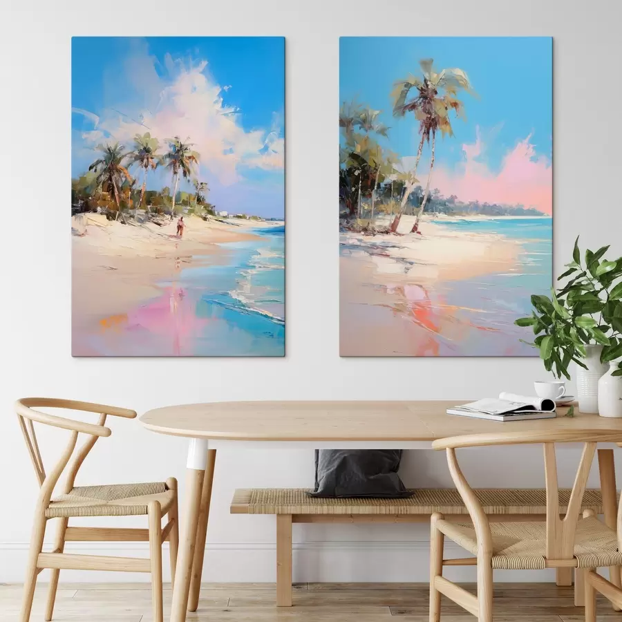 Glezna Abstrakts ainava, pludmale ar palmu kokiem, gaiša saulaina diena ar zilu debesi un dažiem mākoņiem m00885