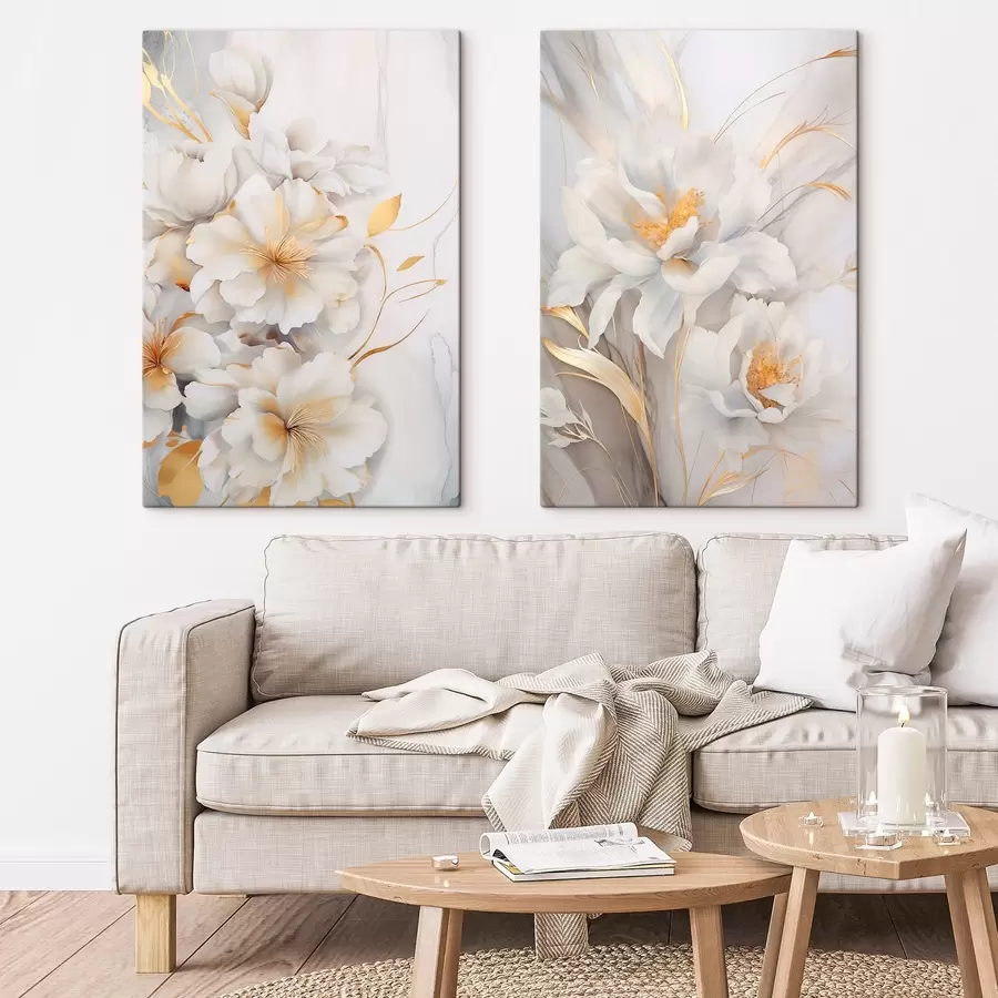 Glezna Baltas ziedi ar dzelteniem akcentiem, ziedlapiņas ar smalkiem ēnām, gaišs fons ar smalku marmora efektu m00889