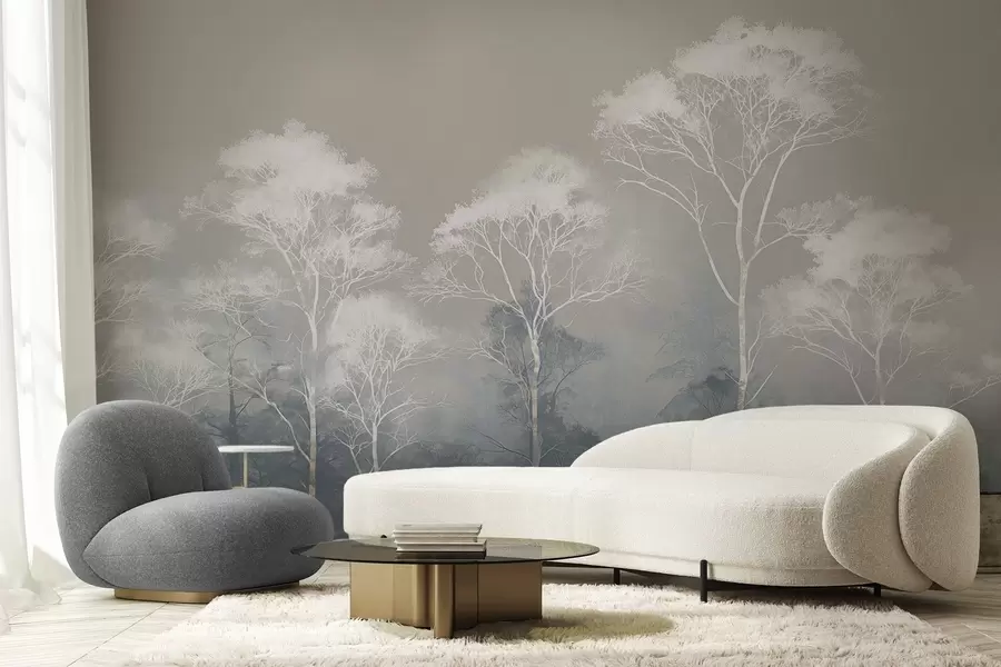 Fototapetes Minimālisma stila koki zilā un pelēkā krāsu gamā, miglā w09448