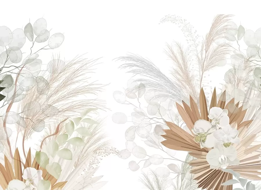 Fototapetes Pampas zāle, eikalipts, tropu lapas un orhidejas uz balta fona, pasteļtoņos w09366