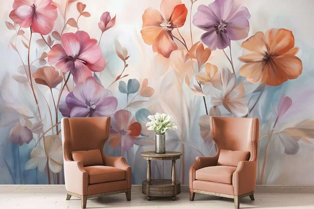 Fototapetes Teksturēts ziedu kompozīcija ar rozā, violeti un oranžiem ziediem ar zaļiem stublājiem un lapām, maigās pasteļtoņos w09486