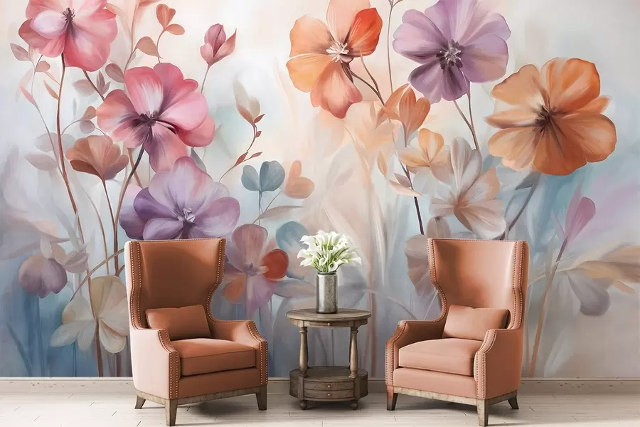 Fototapetes Teksturēts ziedu kompozīcija ar rozā, violeti un oranžiem ziediem ar zaļiem stublājiem un lapām, maigās pasteļtoņos w09486