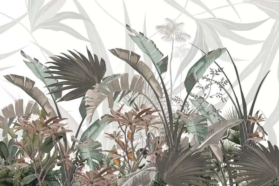 Fototapetes Tropu teksturētas lapas ar ziediem, palmas, plumerijas ziedi, pasteļtoņi, balts fons, džungļi w09488