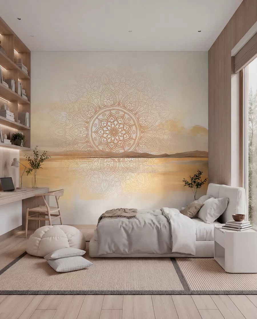 Fototapetes Teksturēts simetriskas mandalas dizains, kas pārklāj ainavu ar jūru, kalniem un debesīm, maigas pasteļtoņos krāsas w09491