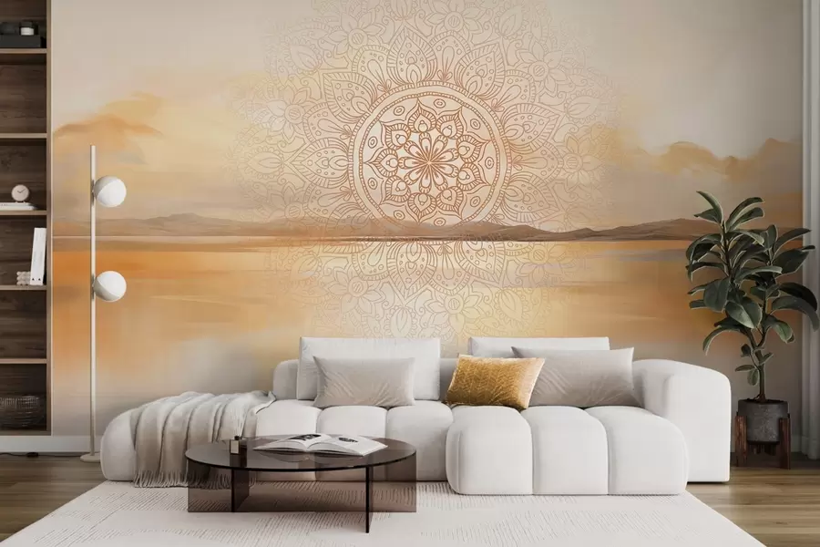 Fototapetes Teksturēts simetriskas mandalas dizains, kas pārklāj ainavu ar jūru, kalniem un debesīm, maigas pasteļtoņos krāsas w09491