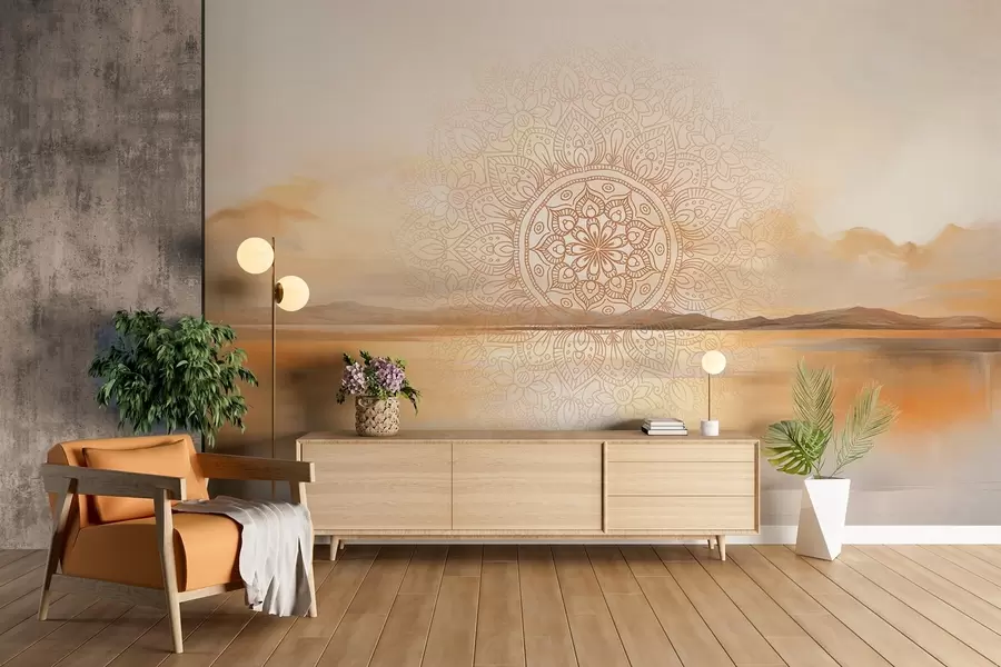 Fototapetes Teksturēts simetriskas mandalas dizains, kas pārklāj ainavu ar jūru, kalniem un debesīm, maigas pasteļtoņos krāsas w09491