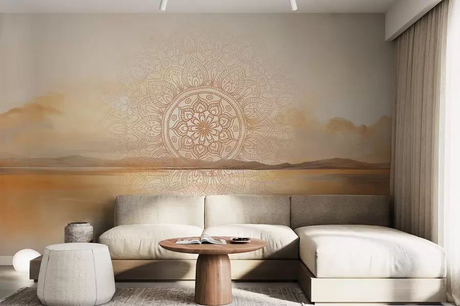 Fototapetes Teksturēts simetriskas mandalas dizains, kas pārklāj ainavu ar jūru, kalniem un debesīm, maigas pasteļtoņos krāsas w09491