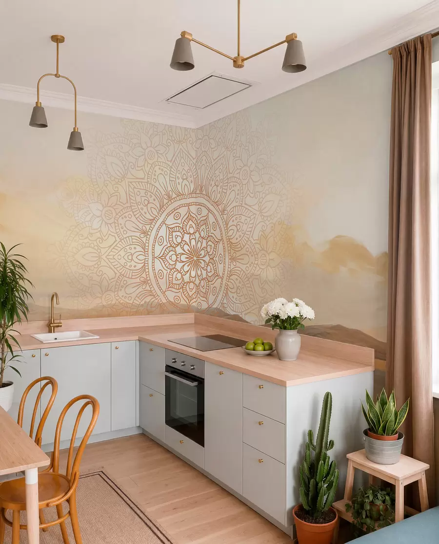 Fototapetes Teksturēts simetriskas mandalas dizains, kas pārklāj ainavu ar jūru, kalniem un debesīm, maigas pasteļtoņos krāsas w09491