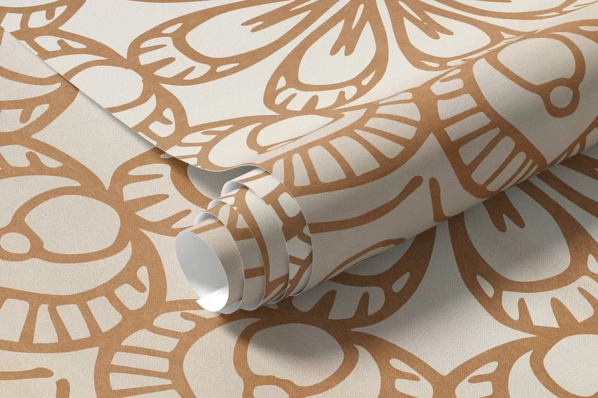 Fototapetes Teksturēts simetriskas mandalas dizains, kas pārklāj ainavu ar jūru, kalniem un debesīm, maigas pasteļtoņos krāsas w09491