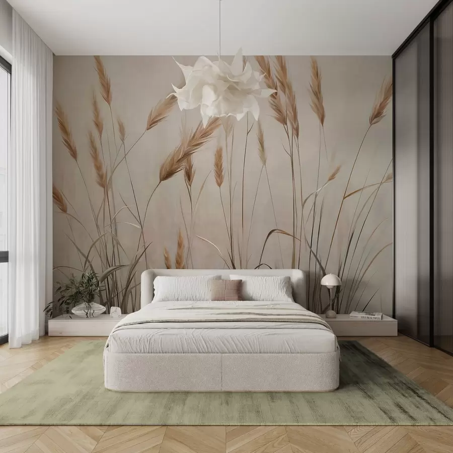 Fototapetes Kviešu lauks ar dzeltenām graudu vārpām, smilškrāsas fons, dabiskais apgaismojums, siltie toņi, detalizēti otas triepieni w09493