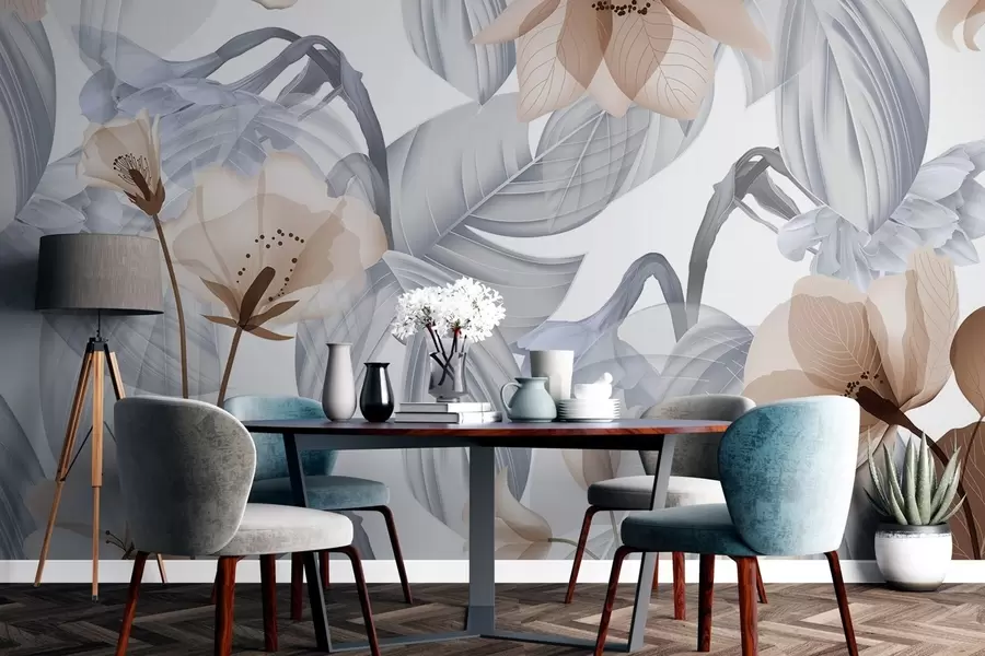 Fototapetes Brūni ziedi un pelēkas lapas, ziedu botāniskais fons, elegants dizains, maigas krāsas, gaišas, delikātas detaļas w09497v1