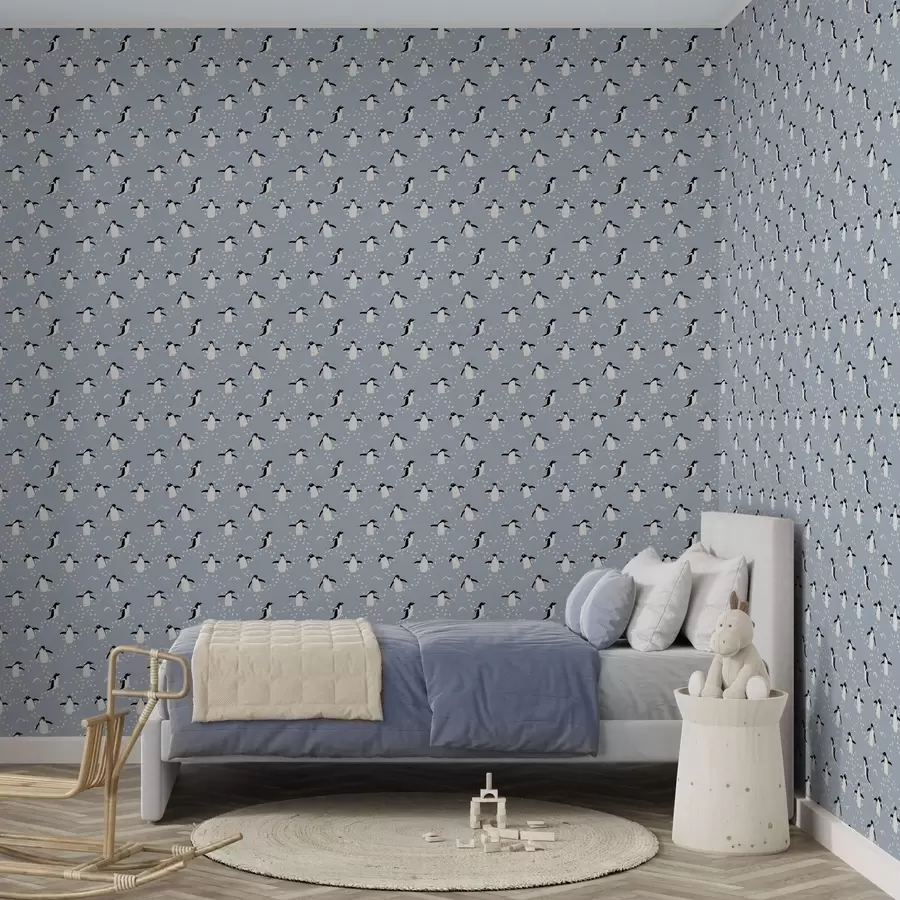 Fototapetes Pingvīni uz pelēkā fona ar pēdām a00655