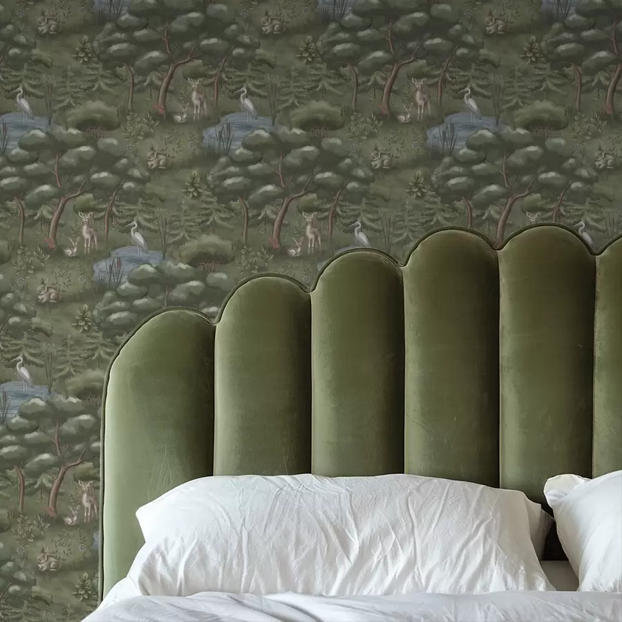 Fototapetes Meža pļava ar briežiem, zaķiem un gārņiem a00680