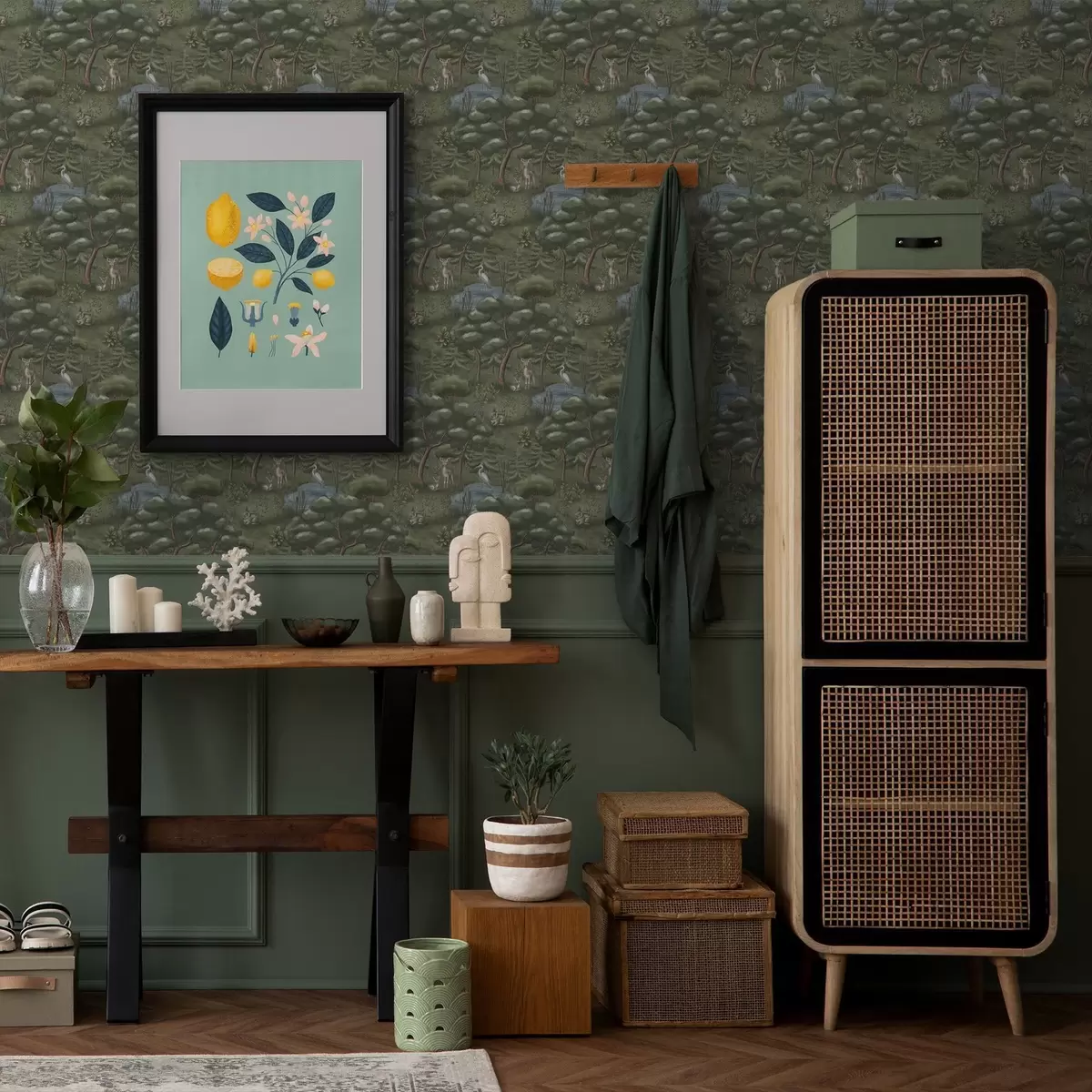 Tapetes Meža pļava ar briežiem, zaķiem un gārņiem a00680