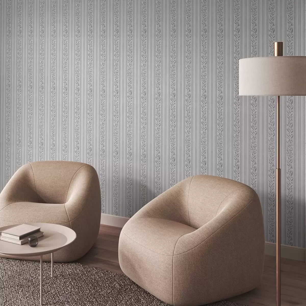 Tapetes Svītras ar mežģīnēm un zariņiem uz vēsā balta fona a00814v1