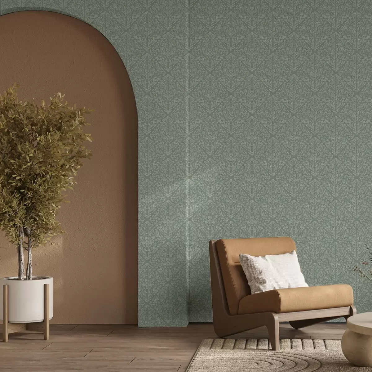 Tapetes Botāniskais damasts uz piparmētru-olīvu fona a00815