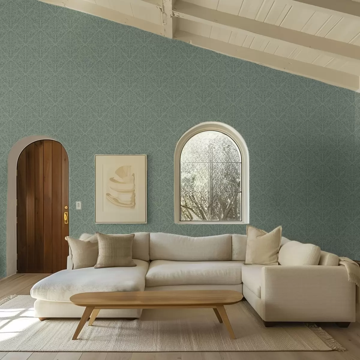 Tapetes Smalkas botāniskas damasta auduma audums klusā zaļā krāsā a00815v1