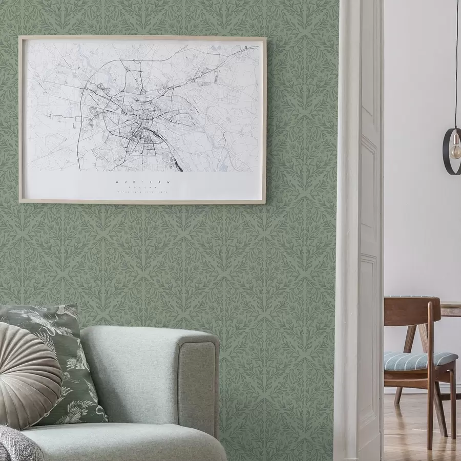 Fototapetes Smalkas botāniskas damasta auduma audums klusā zaļā krāsā a00815v1