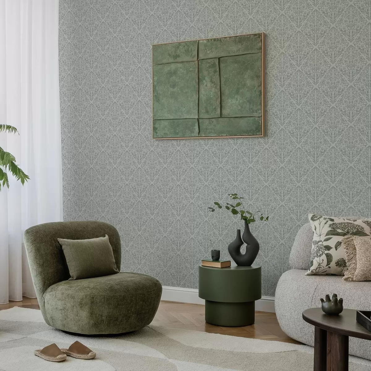 Tapetes Botaniskais damasts gaiši pelēkā krāsā ar maigu kontūru a00815v2