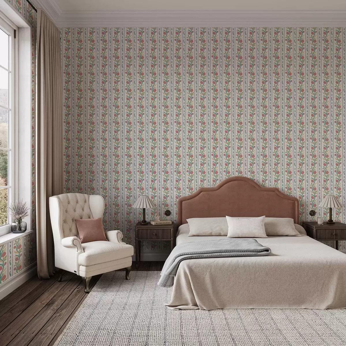 Tapetes Vertikālas svītras ar koraļļu ziediem un tirkīza lapām a00816