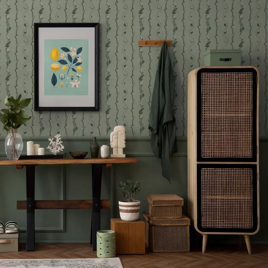 Fototapetes Vertikālas vīnogulāju vīnogas un zariņi uz klusināti zaļā fona a00817v1