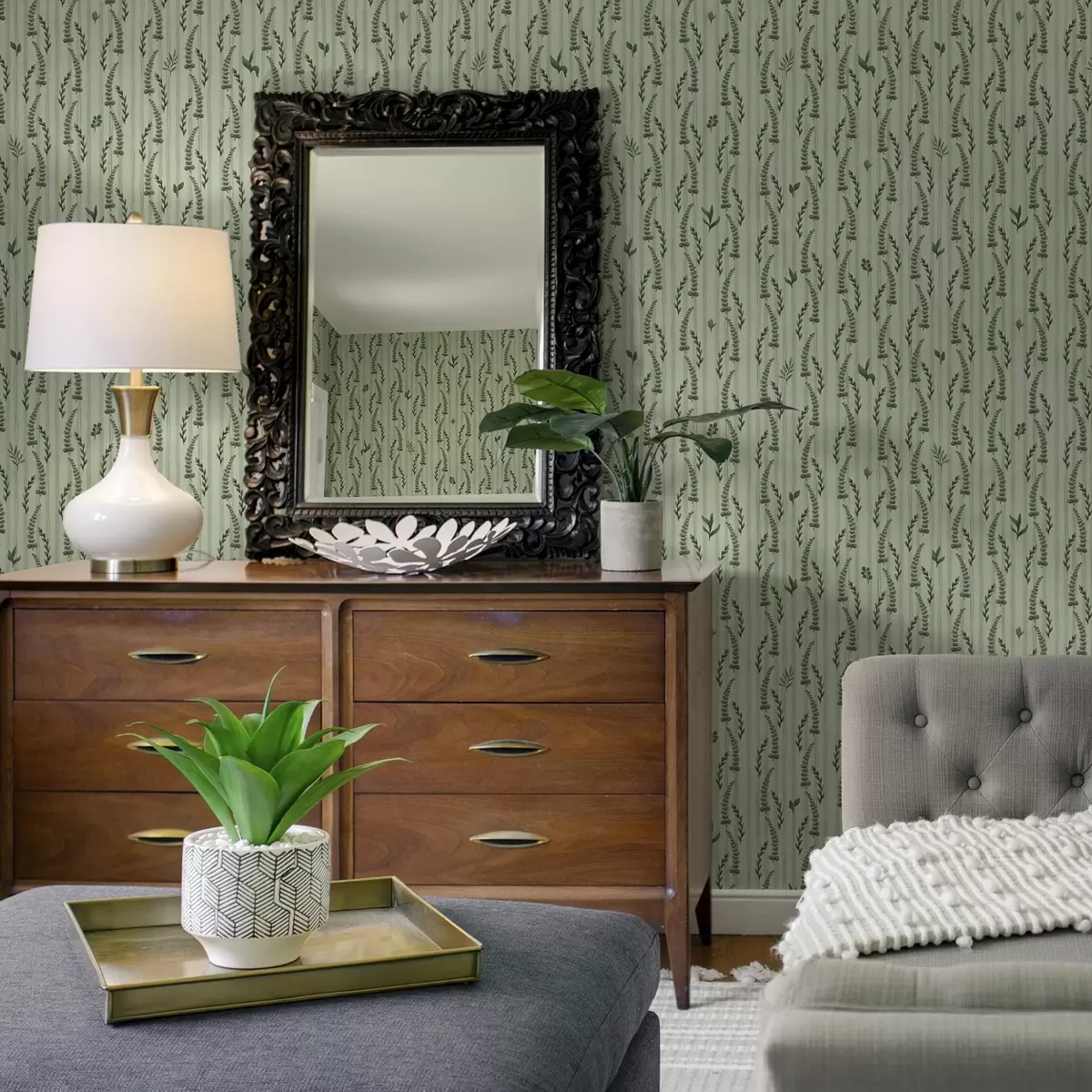 Tapetes Blīvi zaļi zāles un dzinumi uz piparmētra ar svītrām a00819