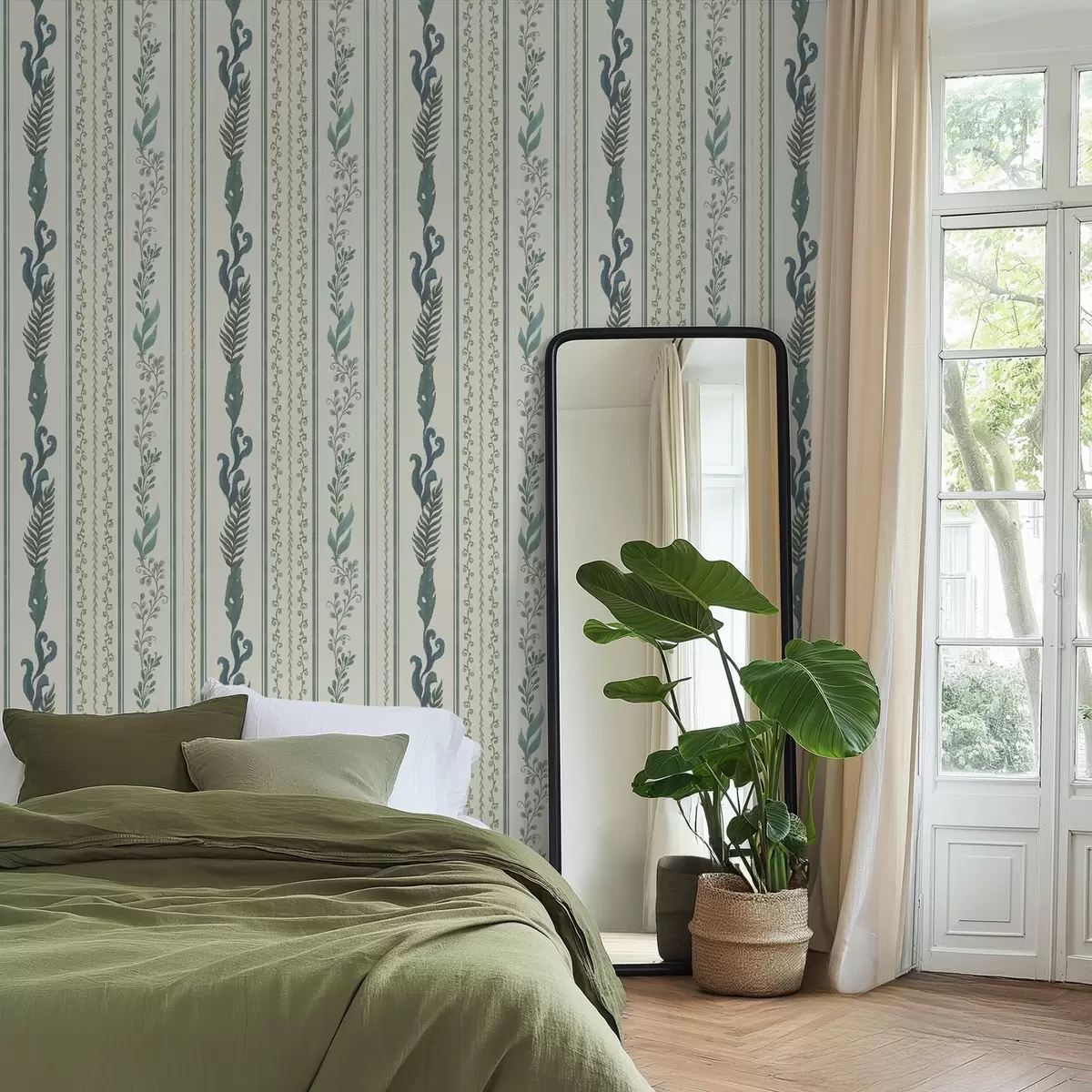 Tapetes Svītras ar zariem un cirtas uz siltā piena krāsas fona a00823v2