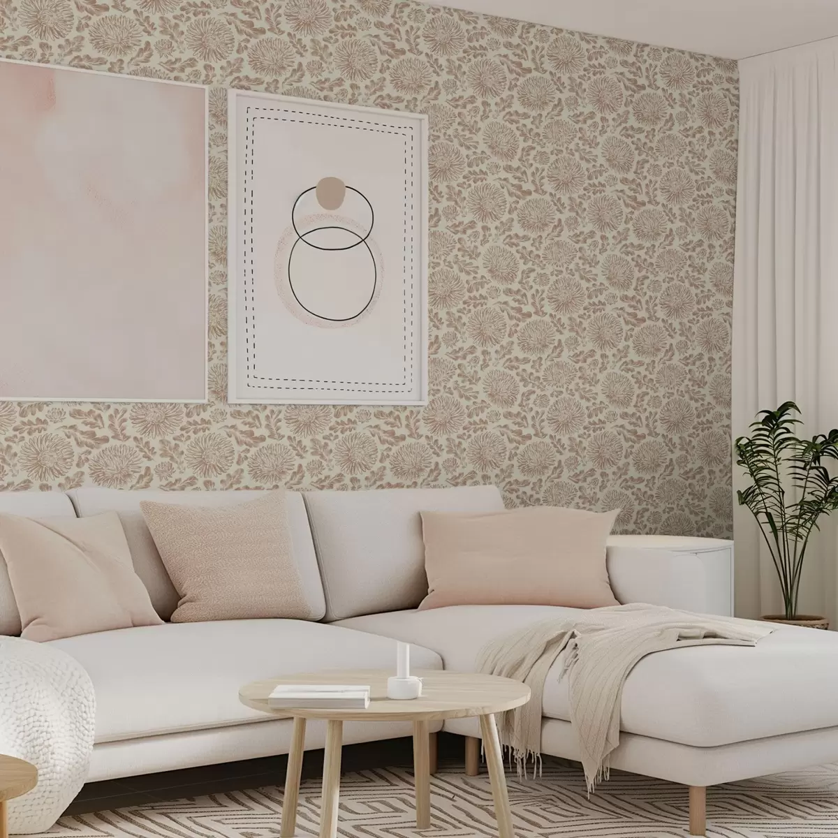 Tapetes Krizantēmas un ozola lapas maigā smilšbrūnā krāsā a00840