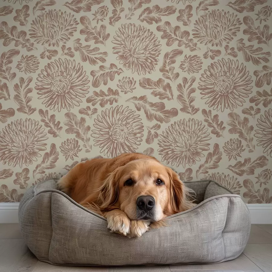 Fototapetes Krizantēmas un ozola lapas maigā smilšbrūnā krāsā a00840