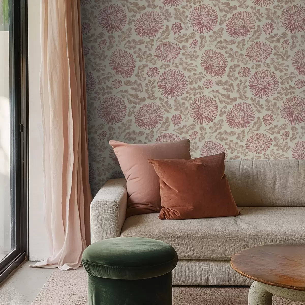 Tapetes Krizantēmas ar vīna akcentiem uz krēmkrāsas fona a00840v1