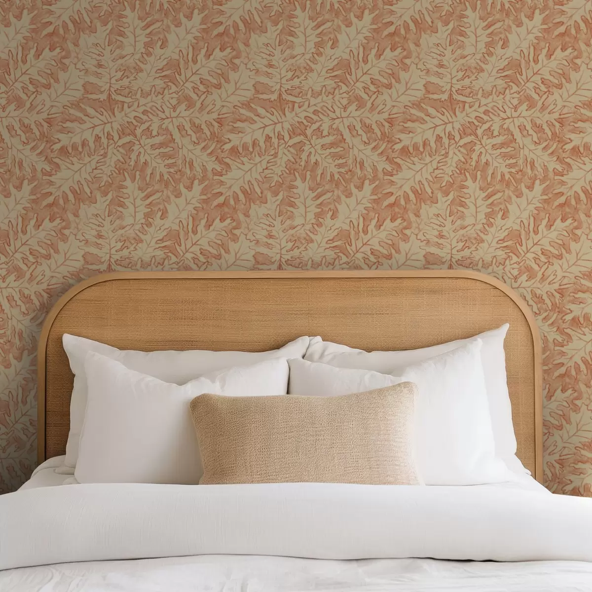 Tapetes Lielas ozola lapas terakotā uz krēmkrāsas fona a00846