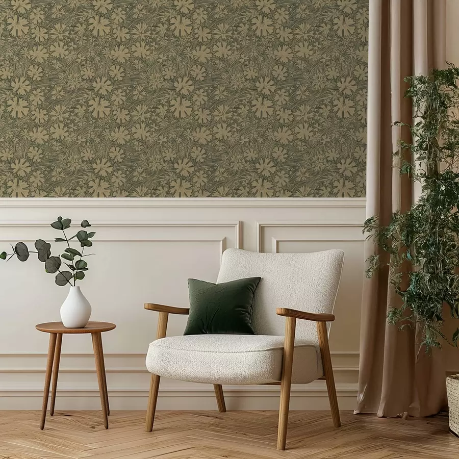 Fototapetes Lauka lapas un zāle pelēkā-olīvu toņos a00847v1