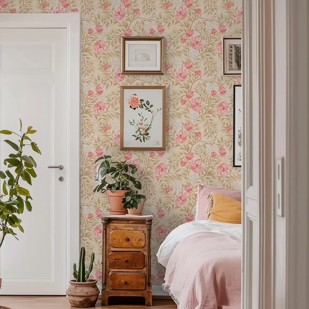 Tapetes Rozā ziedi, balti ziedi un okera toņu lapas a00855