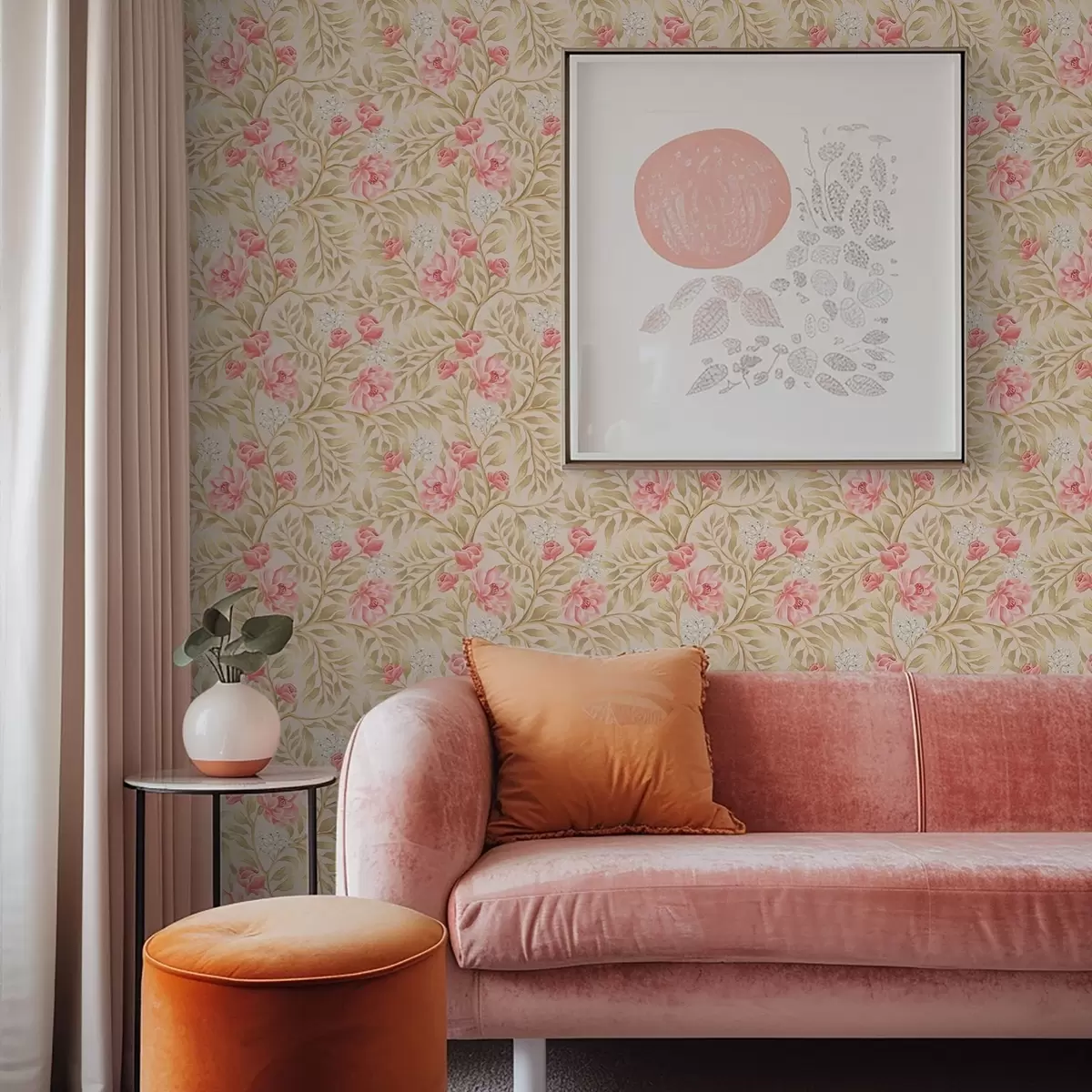 Tapetes Rozā ziedi, balti ziedi un okera toņu lapas a00855