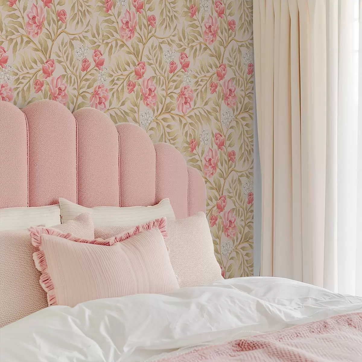 Tapetes Rozā ziedi, balti ziedi un okera toņu lapas a00855