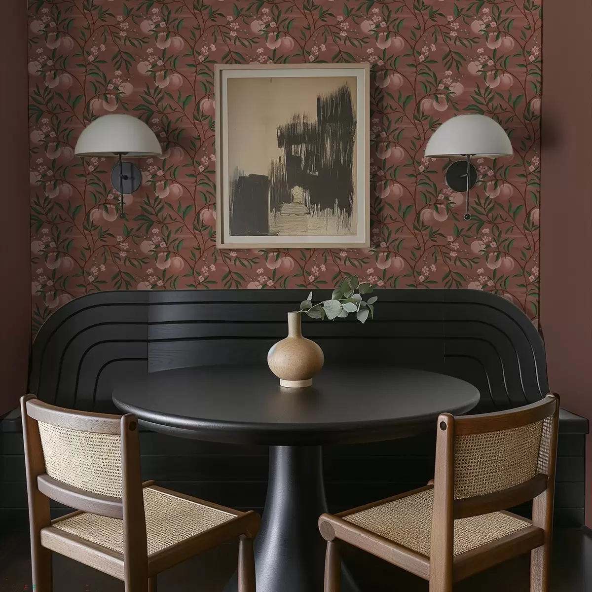 Tapetes Persiki uz zariem ar rozā ziediem, terakotas fons a00856