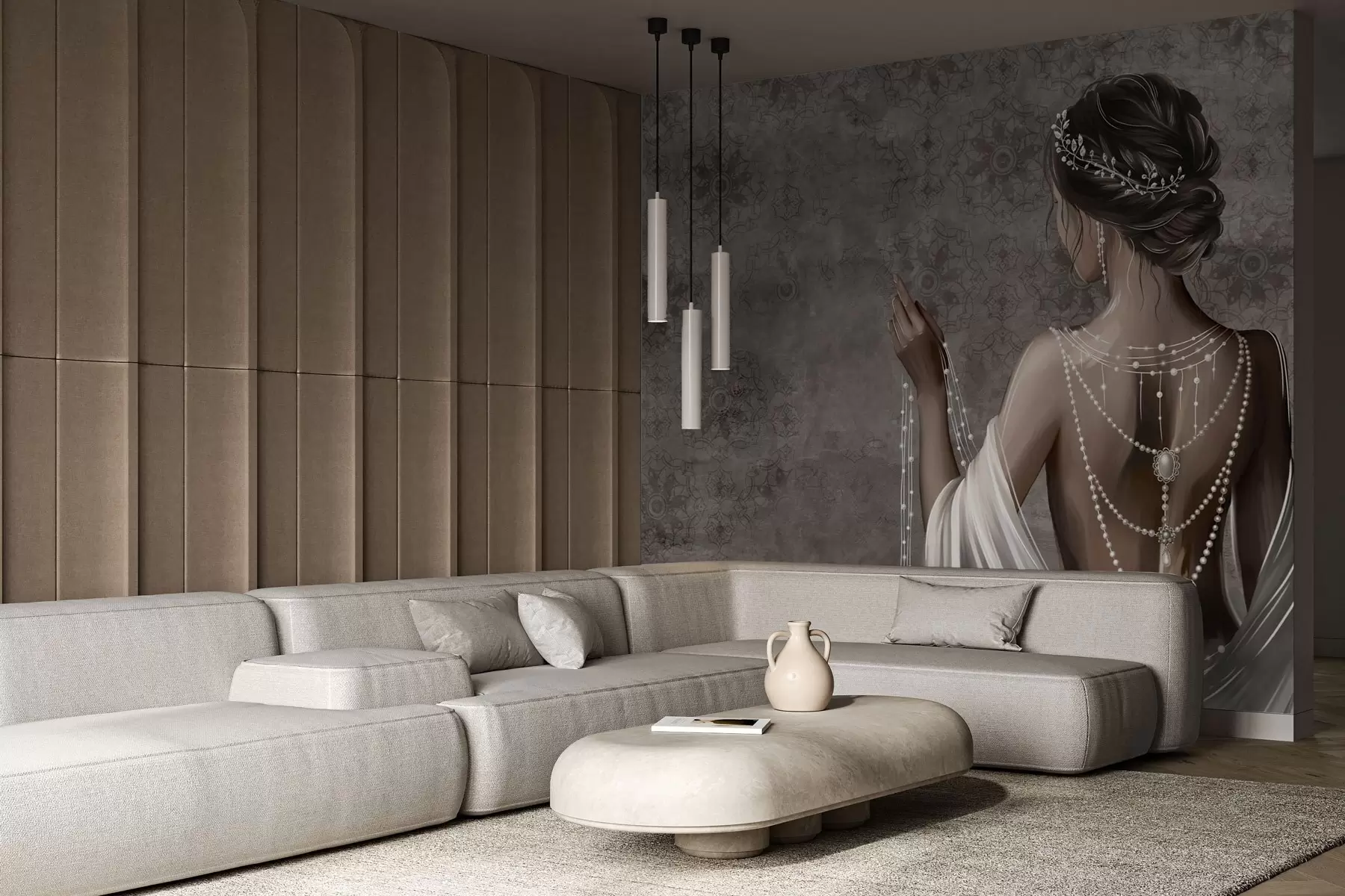 Fototapetes Sieviete redzama no aizmugures ar pērlēm, pelēks akmens raksta fons w04854