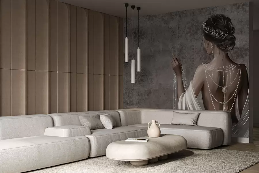 Fototapetes Sieviete redzama no aizmugures ar pērlēm, pelēks akmens raksta fons w04854