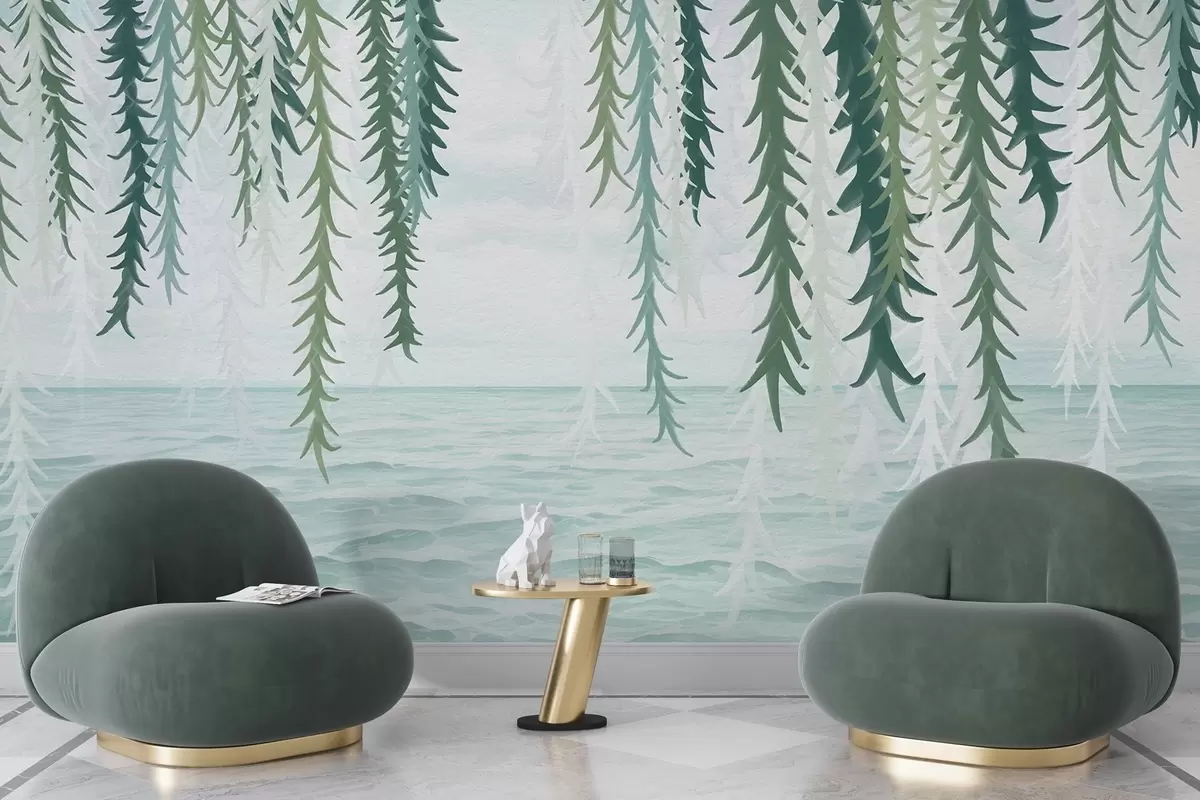 Fototapetes Delikātas vīnogulāju vīnogulāji, kas karājas virs ūdens akvareļa stilā w04830