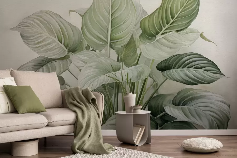 Fototapetes Krāšņs zaļo lapu krūms uz sienas w04835