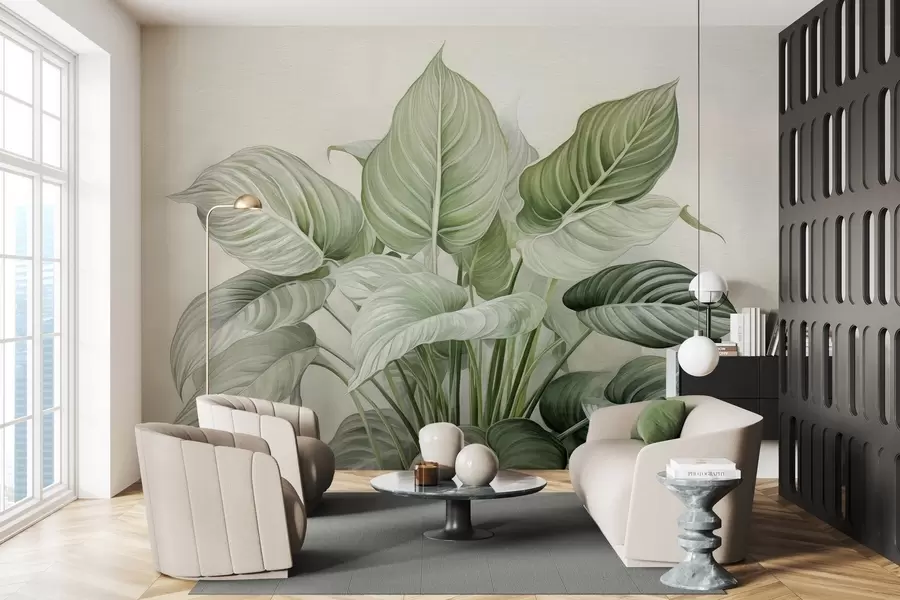 Fototapetes Krāšņs zaļo lapu krūms uz sienas w04835