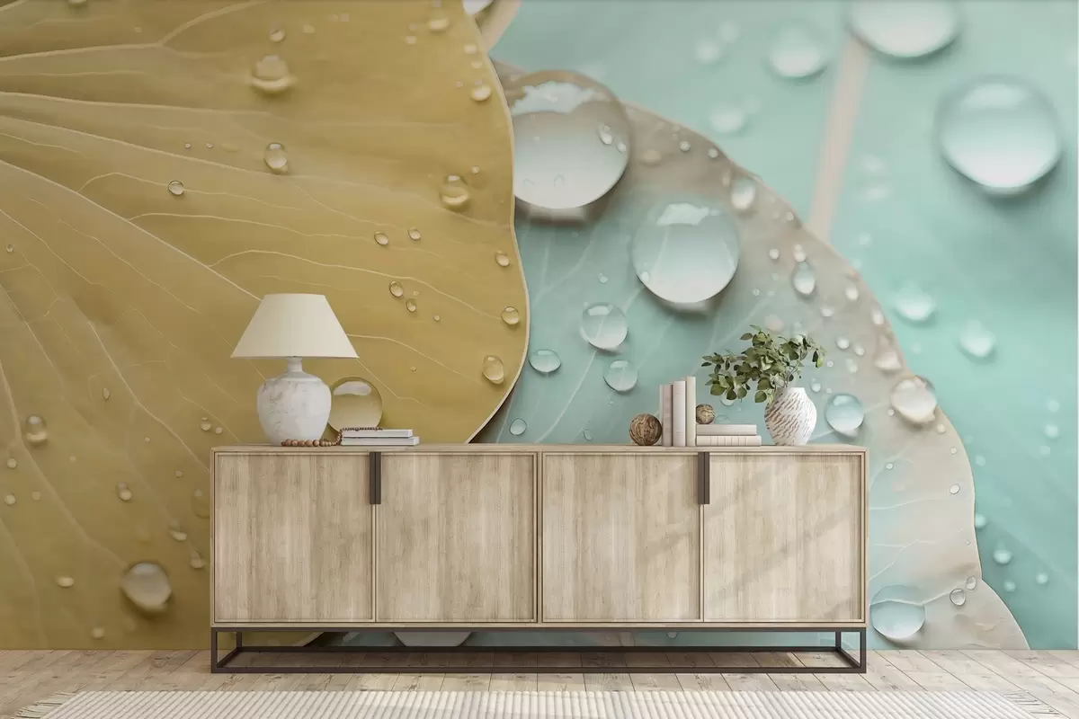 Fototapetes Ūdens pilieni uz lapām makro akvareļgleznojums w04838v1