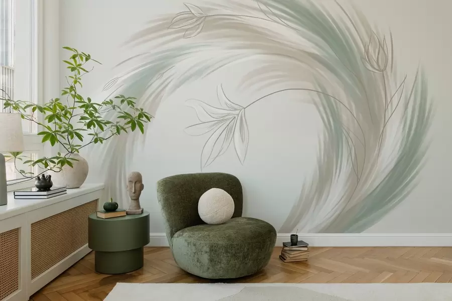 Fototapetes zaļas un smilškrāsas spalvas un ziedi, ar rokām apgleznotas w04816