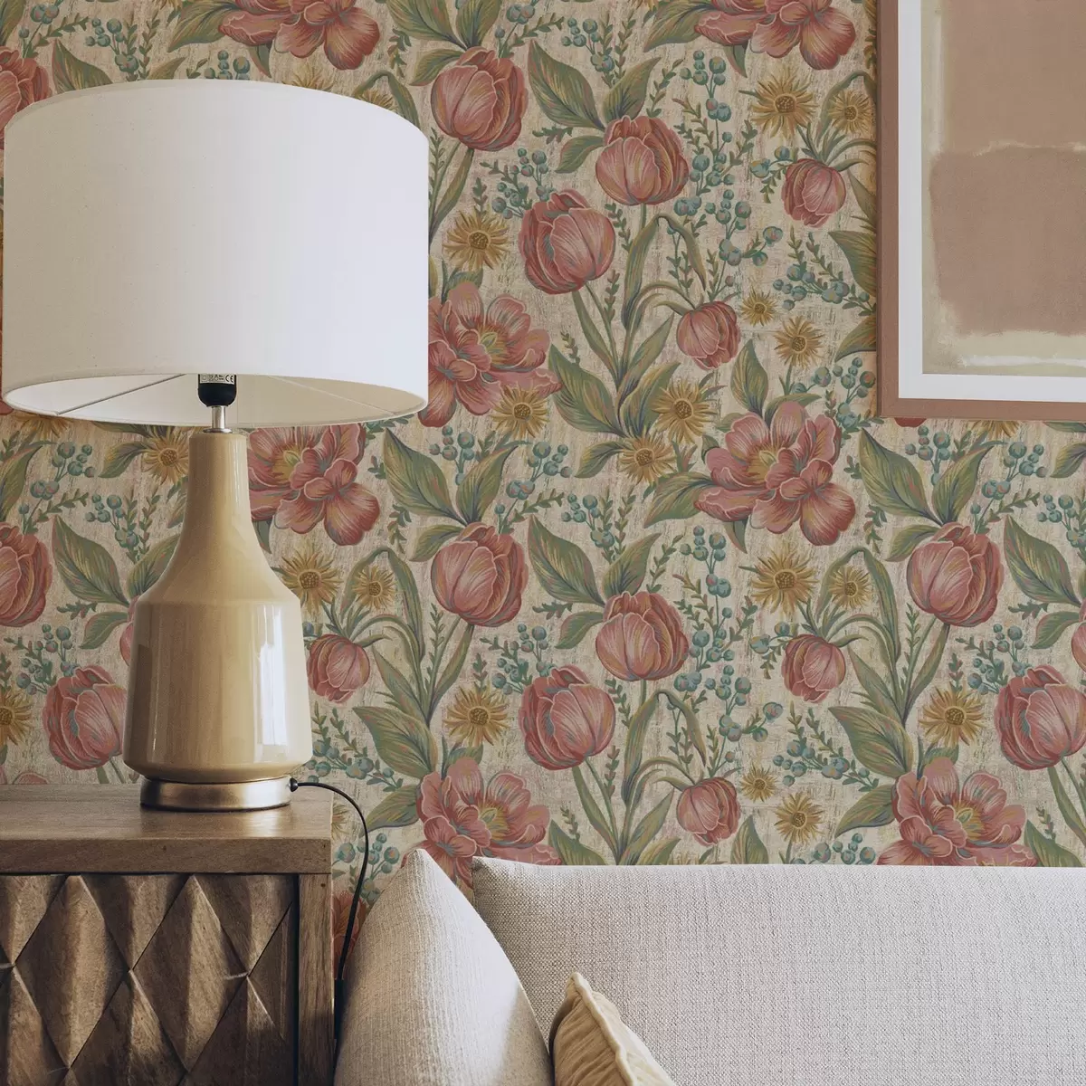 Tapetes Vintage tulpes un asteres, faktūru krēmkrāsas fons a00773