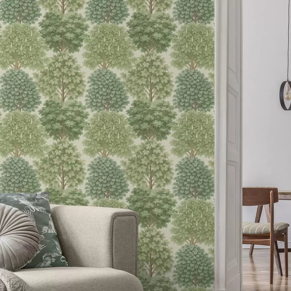 Tapetes Koku dārzs maigās zaļās krāsās uz gaiša fona a00775